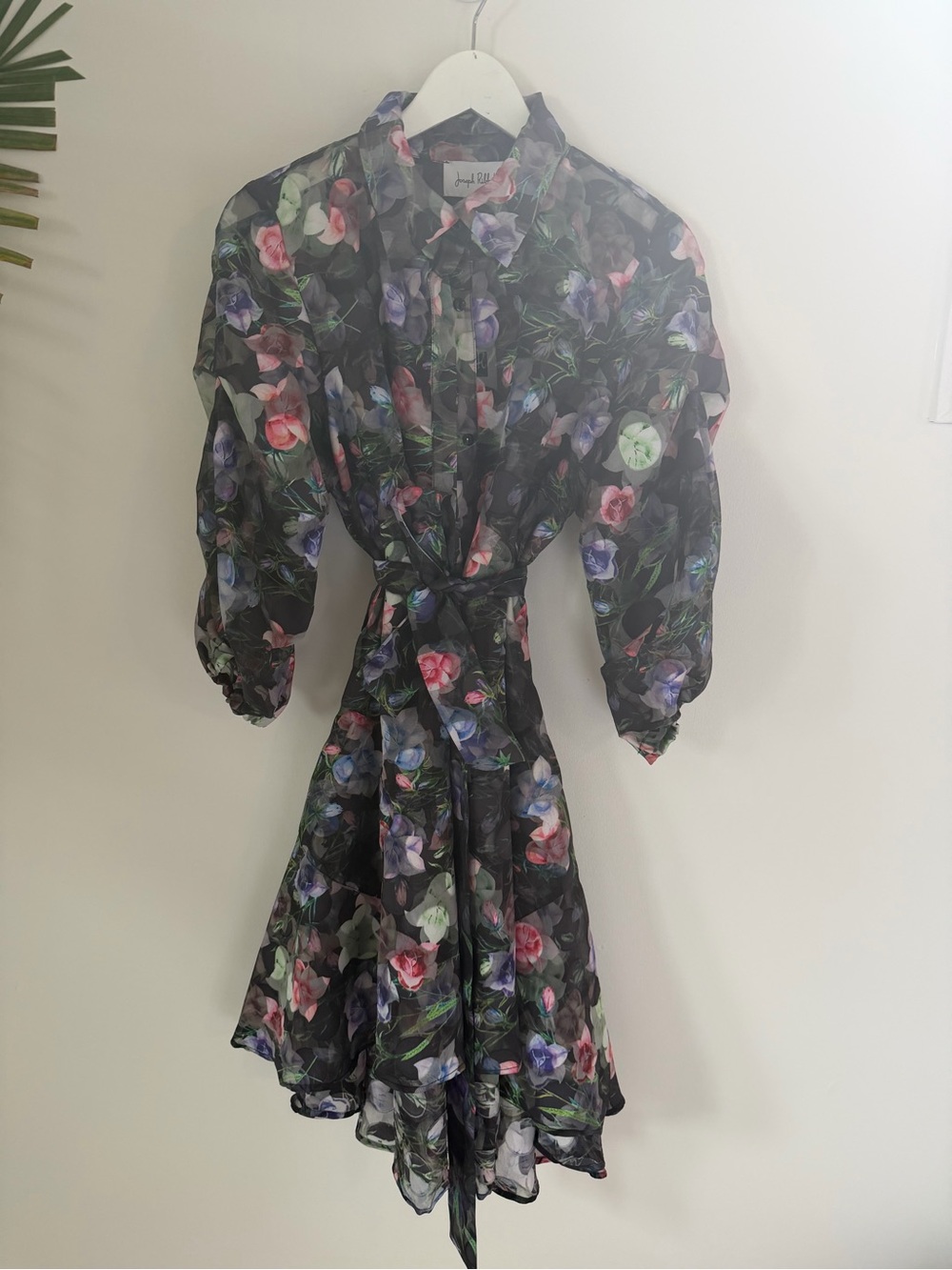 Joseph Ribkoff Black Floral Sheer Long-Sleeve Tie-Waist Dress